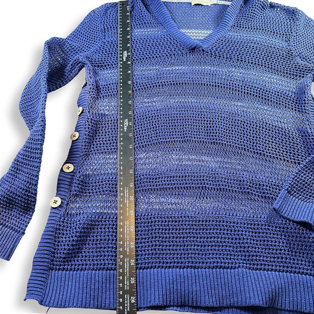 Paradise Shores Blue Open Knit Crochet Hoodie Sweater Side Button Cotton Large - Picture 3 of 7